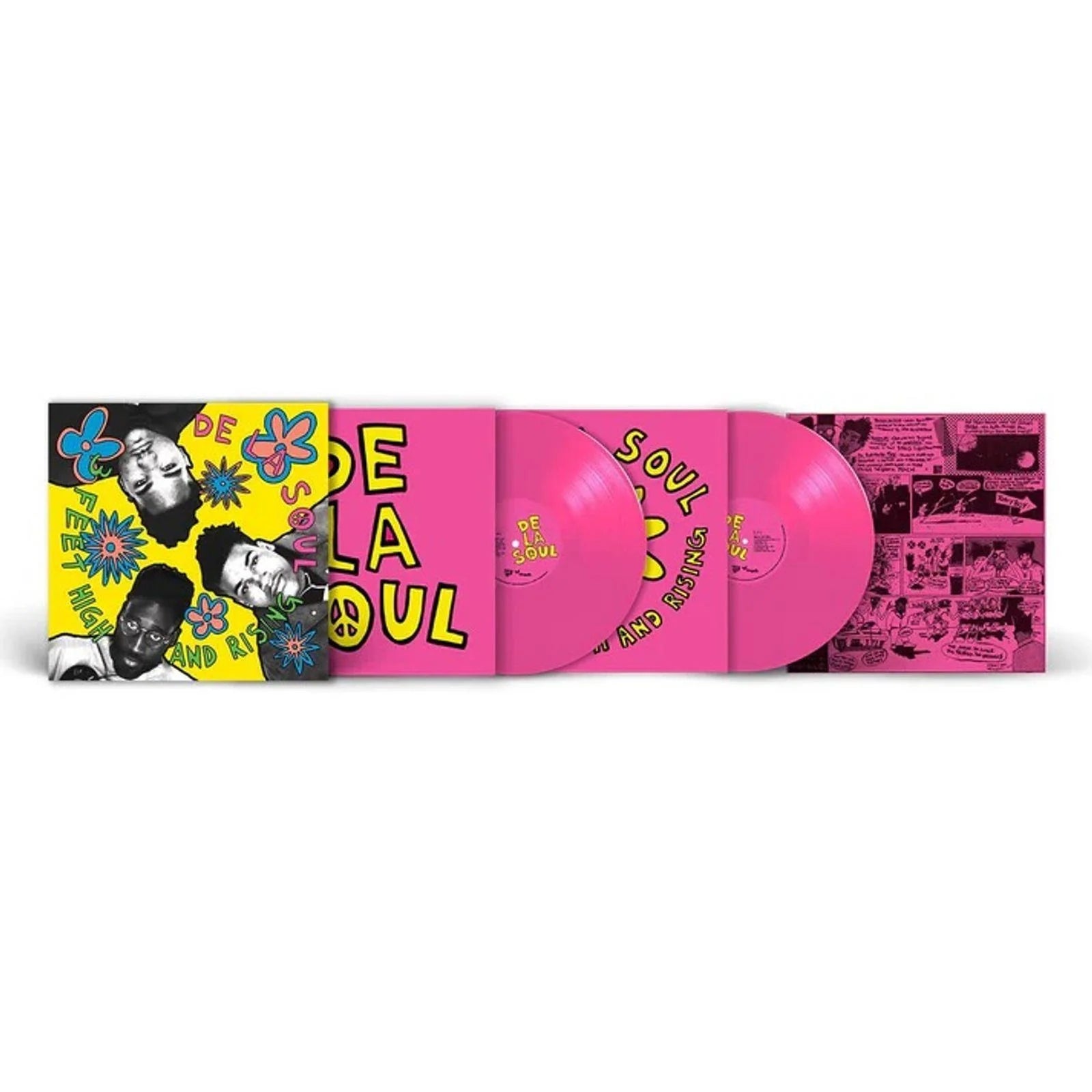 De La Soul 3 Feet High and Rising vinyl with colorful daisy-themed cover and two pink records in gatefold sleeve.