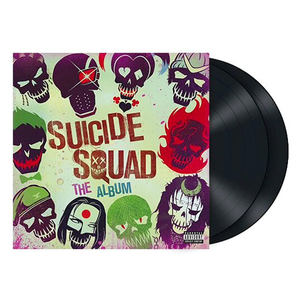Suicide Squad The Album soundtrack vinyl LP with colorful skull character cover art and black record.