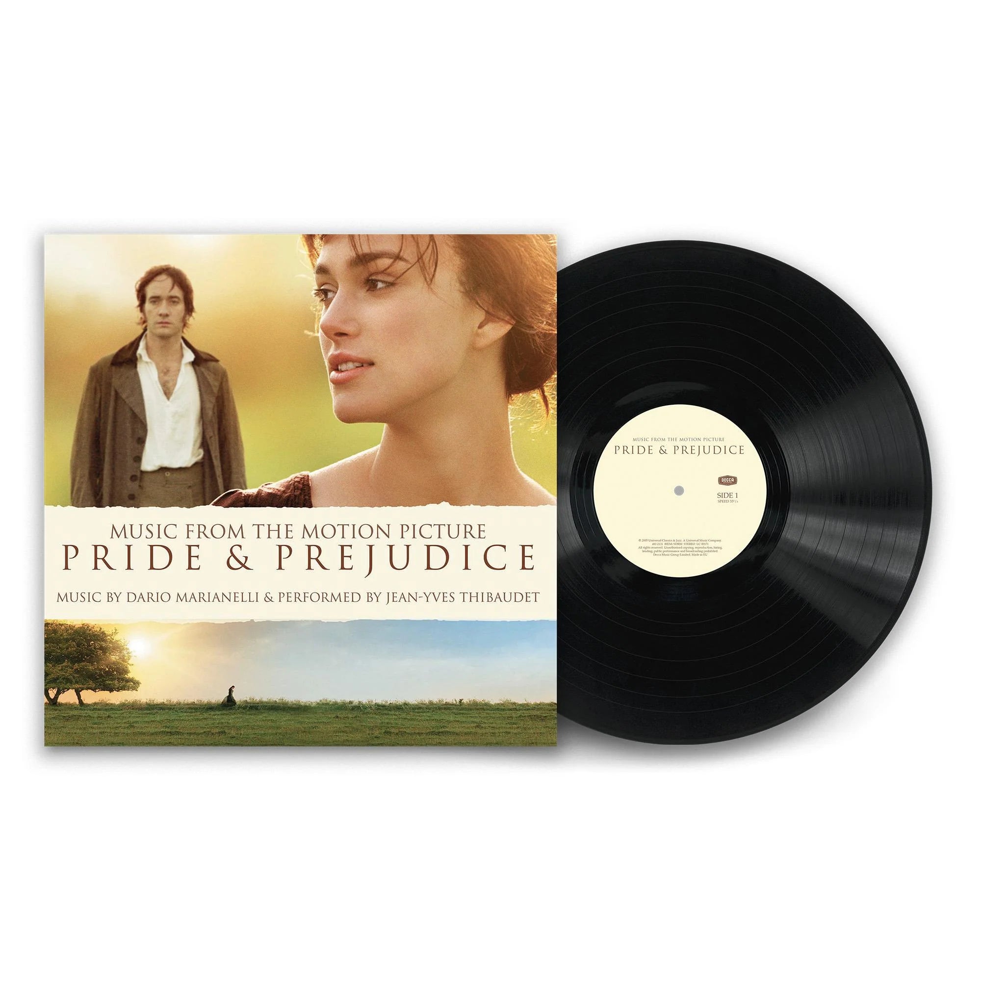 Pride and Prejudice movie soundtrack vinyl LP by Dario Marianelli with period film cover and black Decca record.