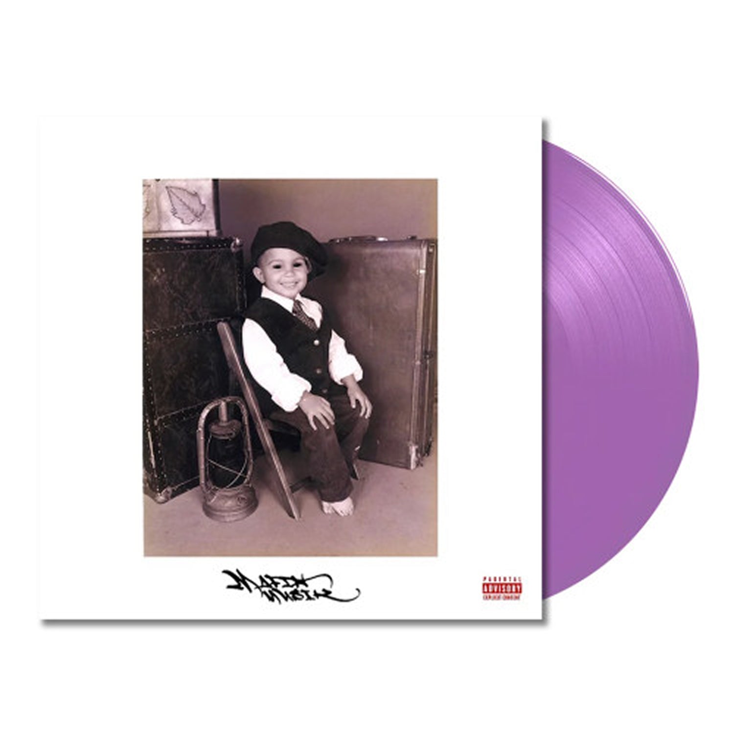 D Savage Mafia Musik album cover featuring a vintage child portrait beside a translucent purple vinyl LP.