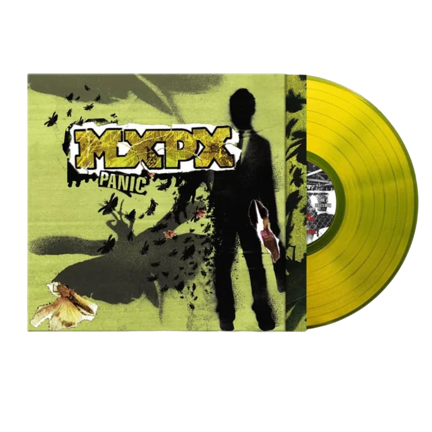 MxPx Panic album cover with green and black silhouette artwork next to a yellow vinyl LP record.