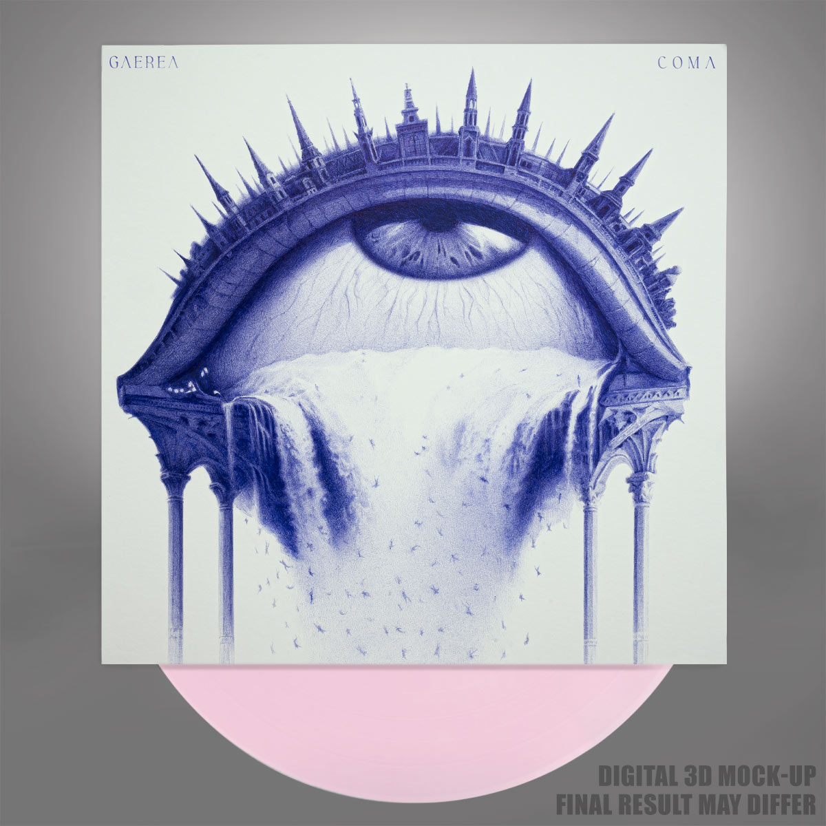 Gaerea Coma vinyl LP with surrealist eye and gothic city cover art and pink colored record.