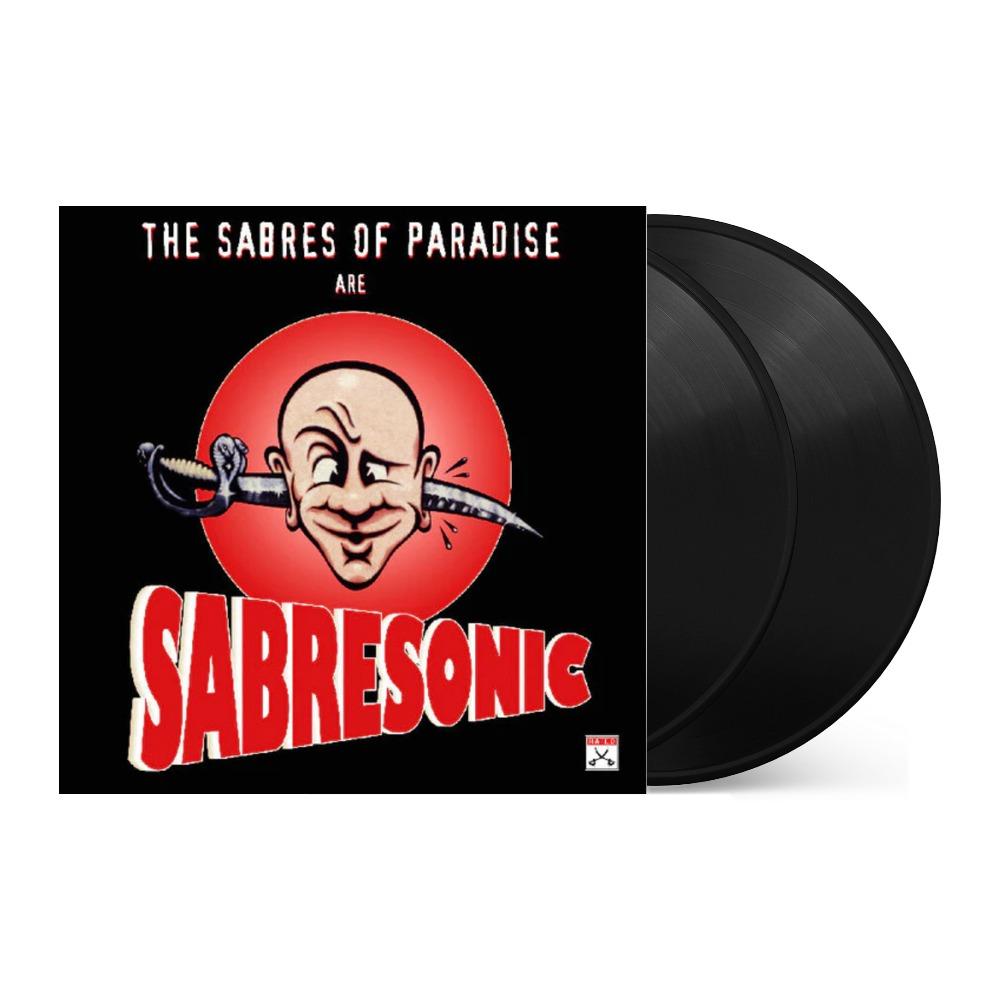 The Sabres of Paradise Sabresonic 2LP vinyl with red cartoon face and sabre artwork on two black records.
