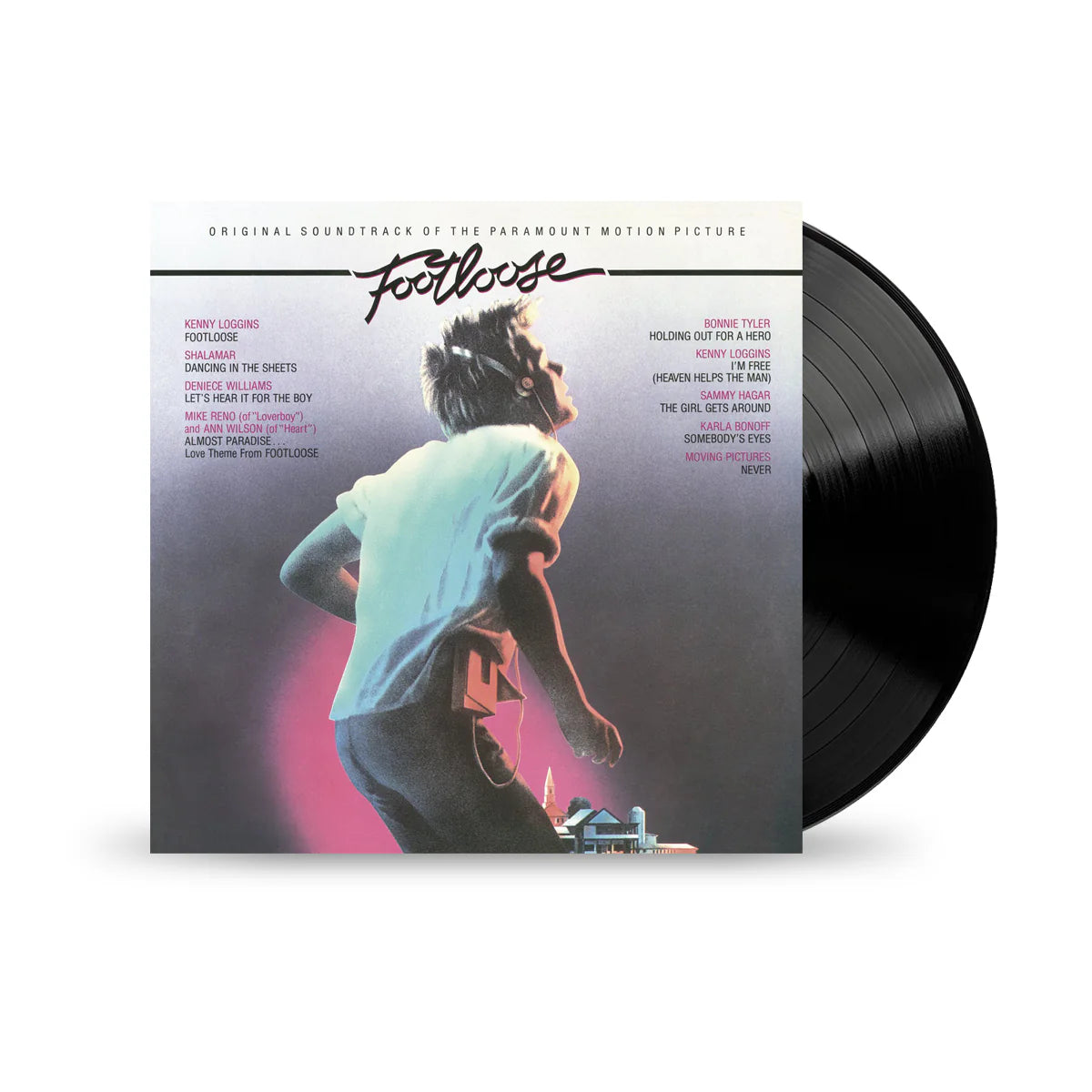 Footloose original motion picture soundtrack vinyl LP with iconic dancing cover art and black record.