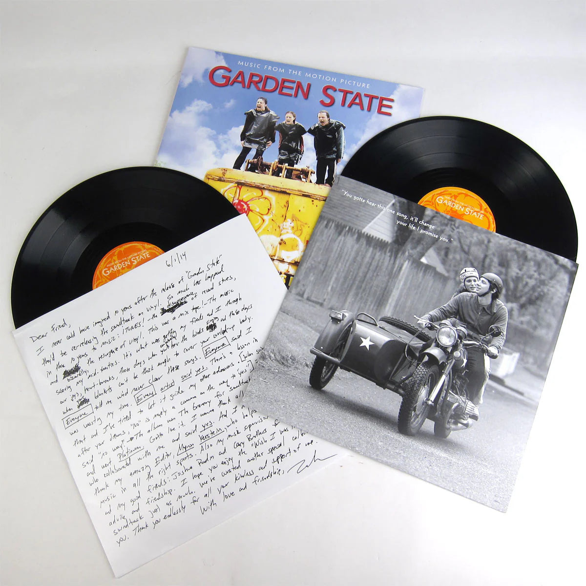 Garden State movie soundtrack 2LP vinyl with album cover, handwritten letter insert, and two black records.