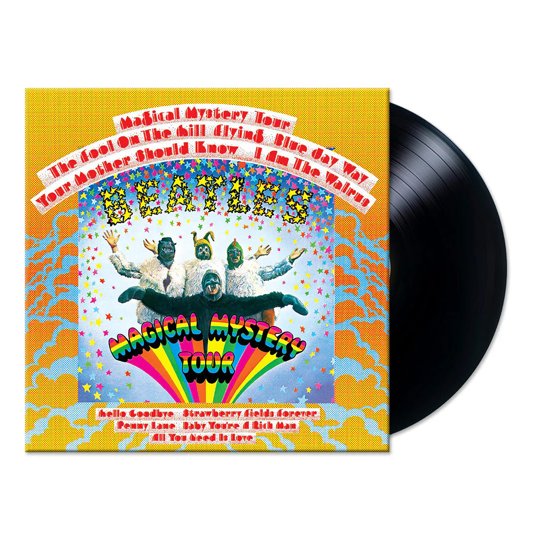 The Beatles Magical Mystery Tour 2LP vinyl with colorful psychedelic album cover and black record.